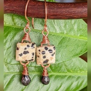 Artisan Copper Earrings Black Spinel Gem Drop and Dalmatian Jasper